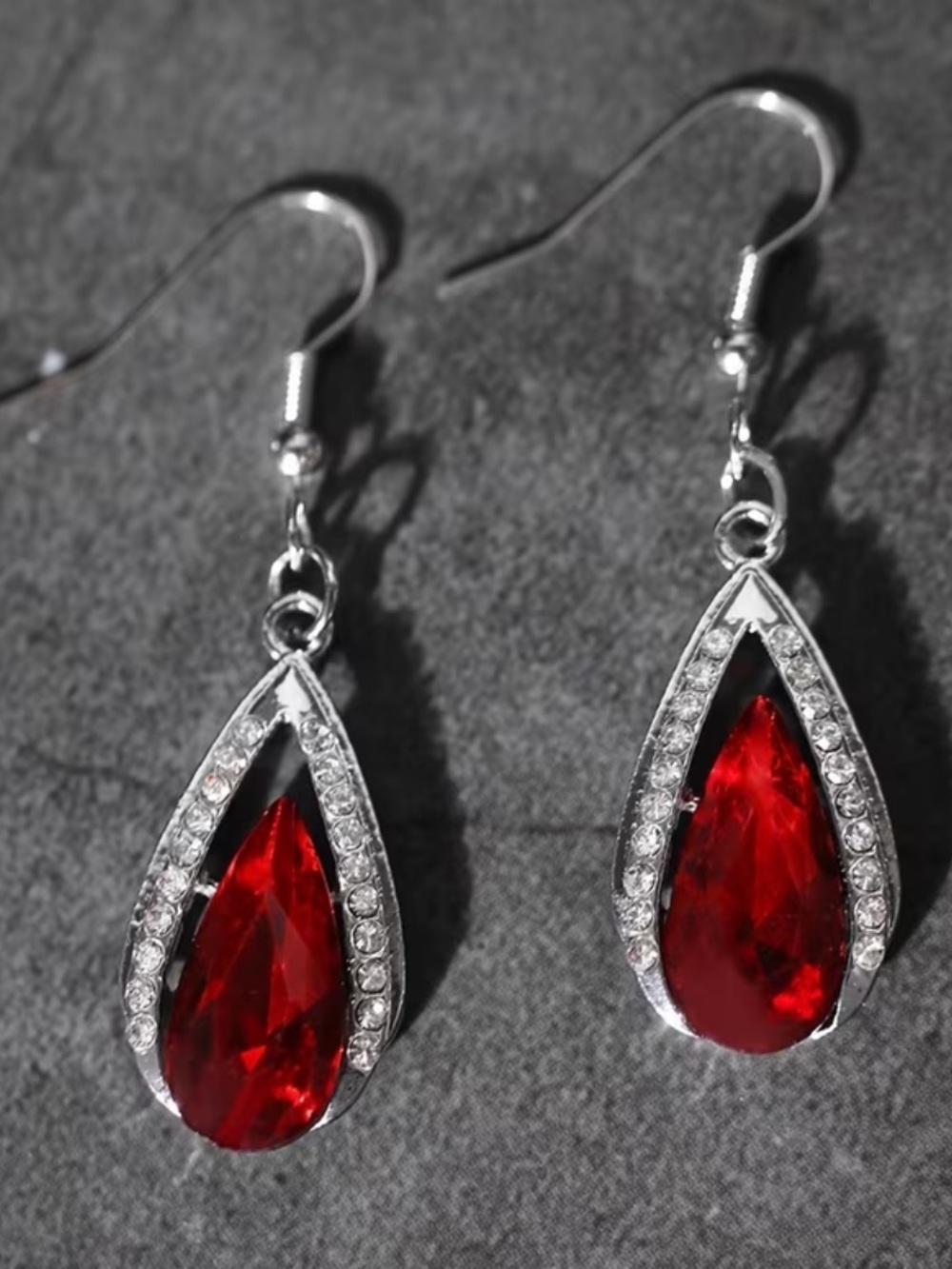 Red Teardrop Crystal Dangle Earrings - Picture 2 of 2